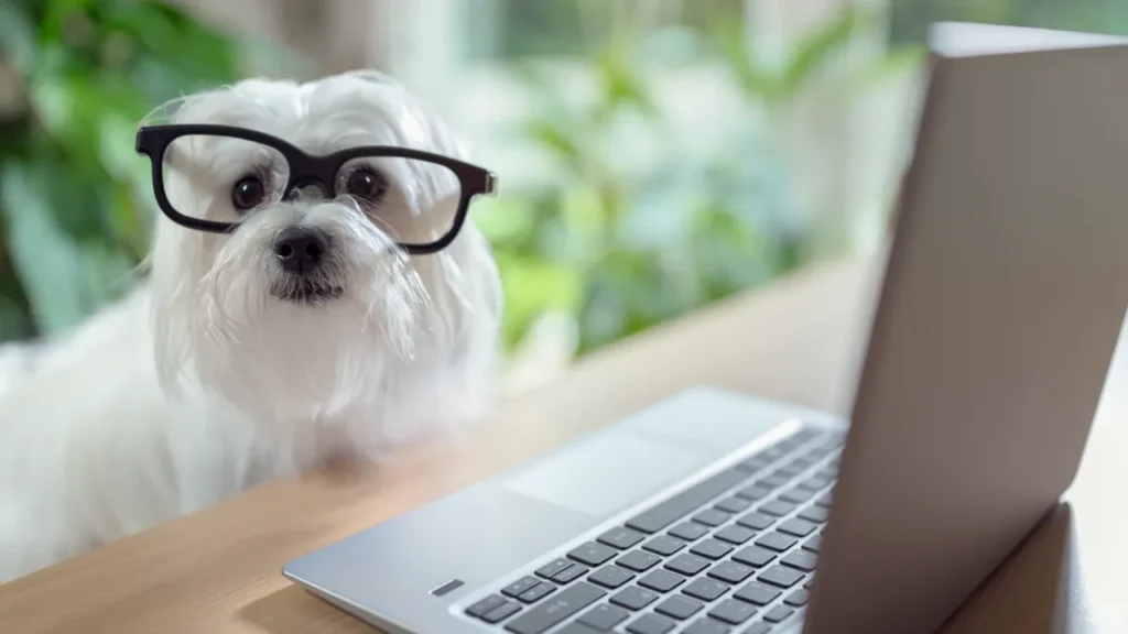 dog with glasses using laptop computer