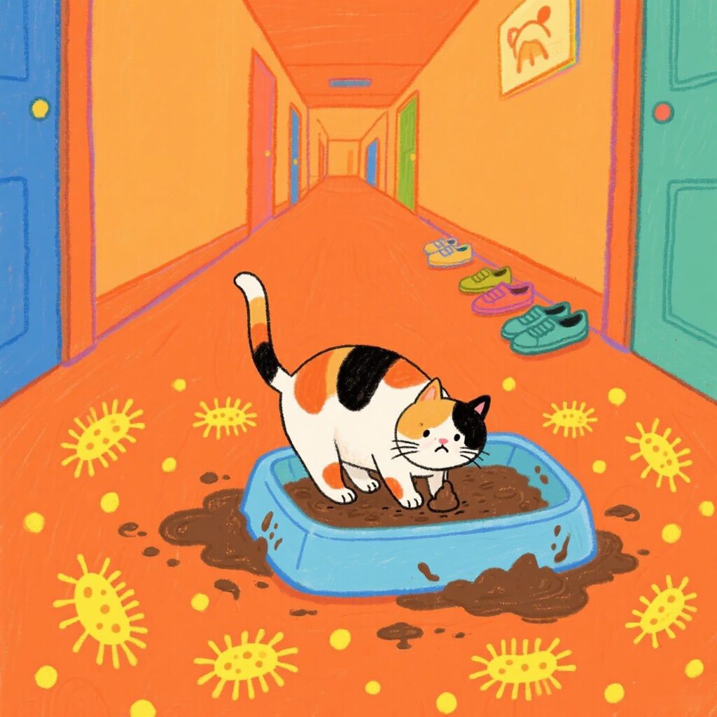 the cat is defecating in a very dirty litter box 2