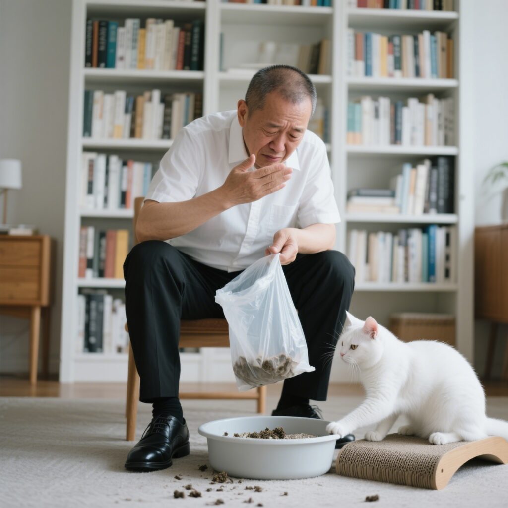 the cat owner was helplessly cleaning up his cat's feces 2