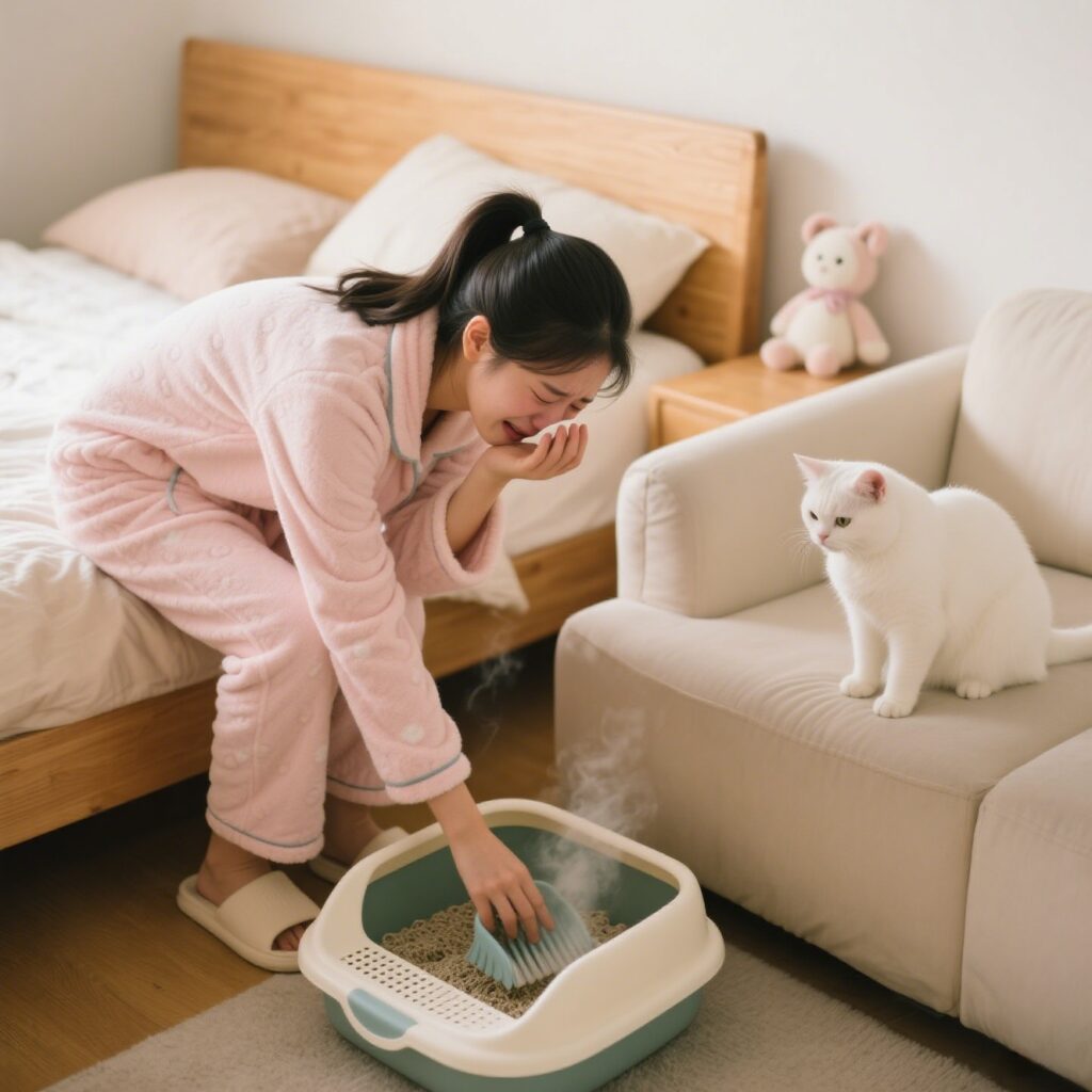 the cat owner was helplessly cleaning up his cat's feces 7
