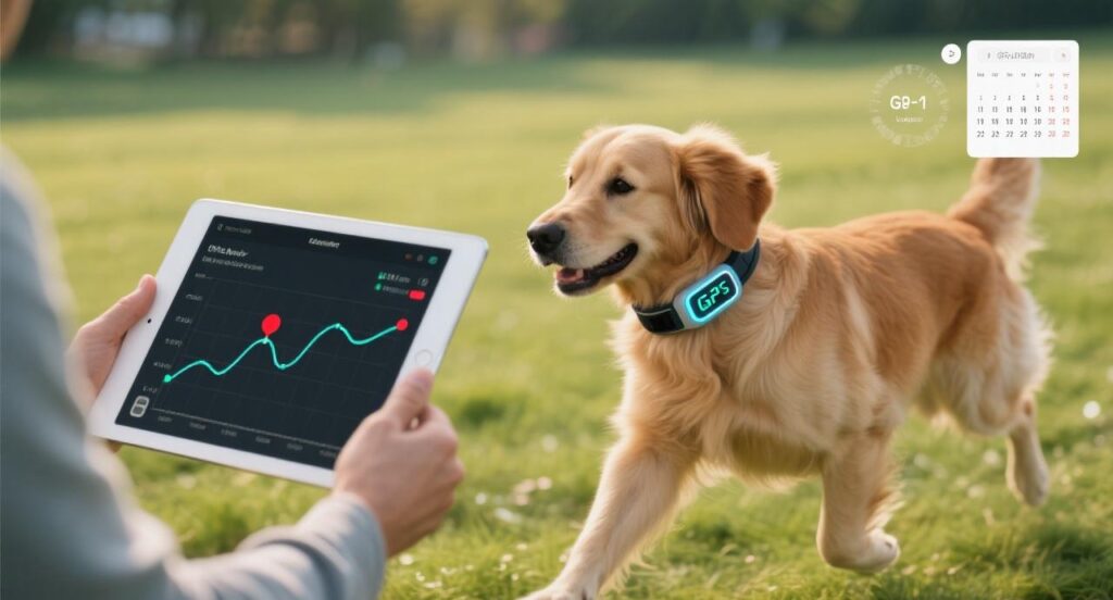 the pet gps displays the pet's real time location and records the pet's daily steps and movement trajectory