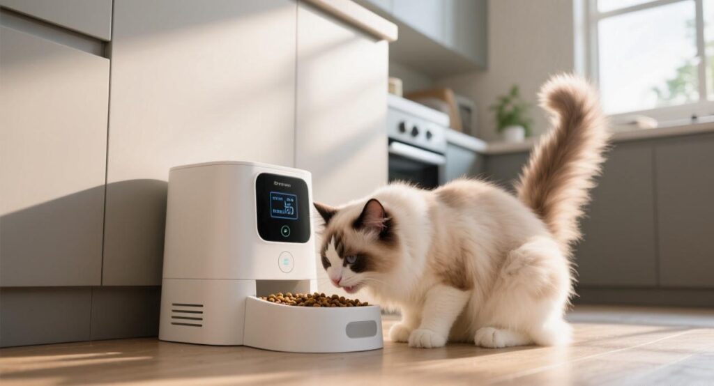 the smart pet doof dispenser is feeding a cat