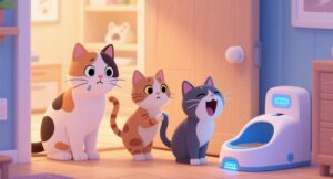 three cats are waiting in line to have tolit
