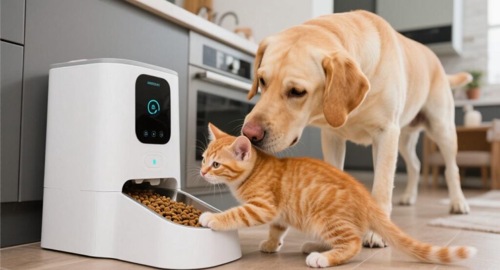 a cat and a dog around the smart food dispenser
