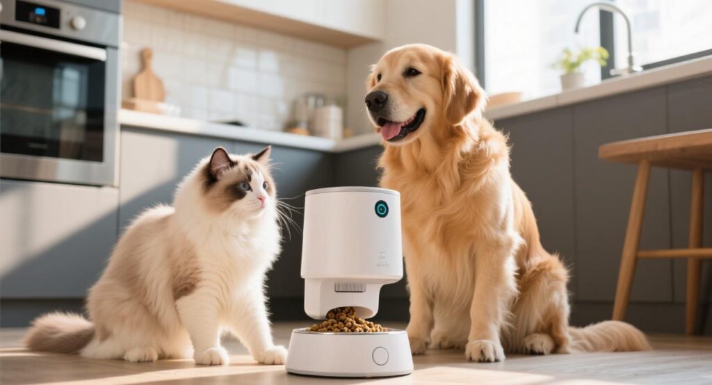 a cat and a dog is in front of a pet food dispenser