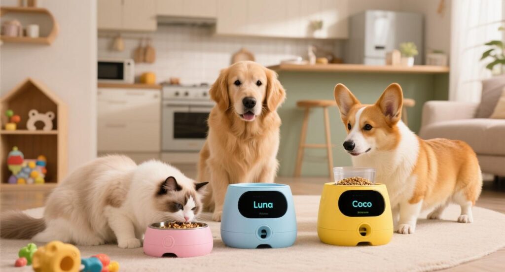 a cat and two dogs have teir oen pet food dispensors