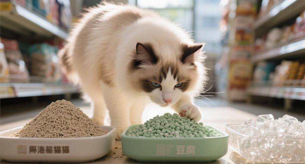 a cat is chooseing cat litter