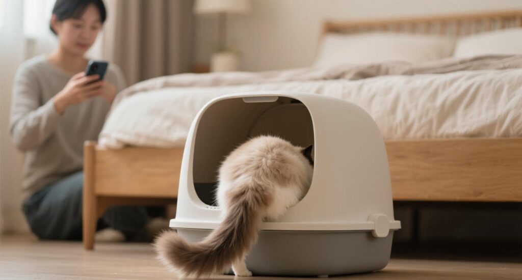 a cat is step in a cat litte box