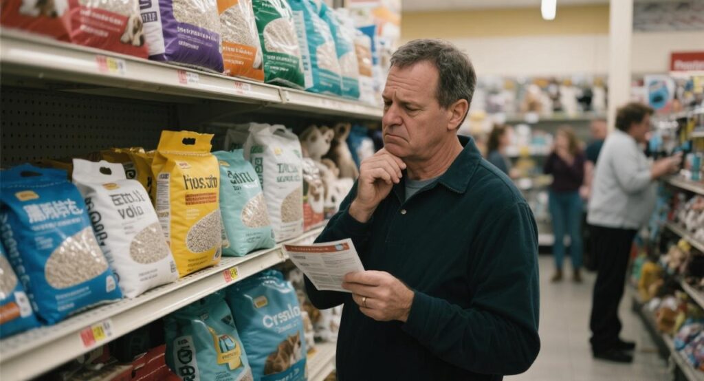 a man is choose the cat litter in a market